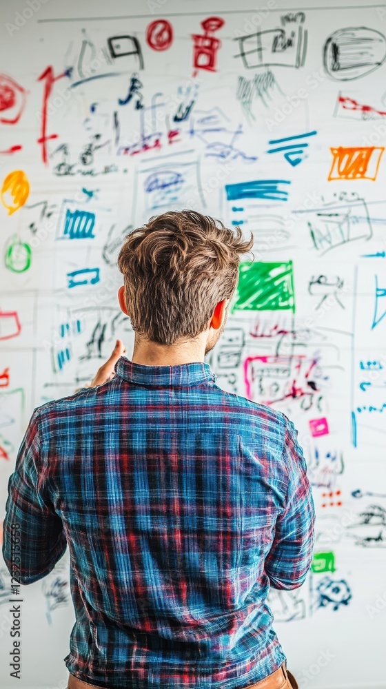 Creative Professional Analyzing Ideas on a Whiteboard Wall