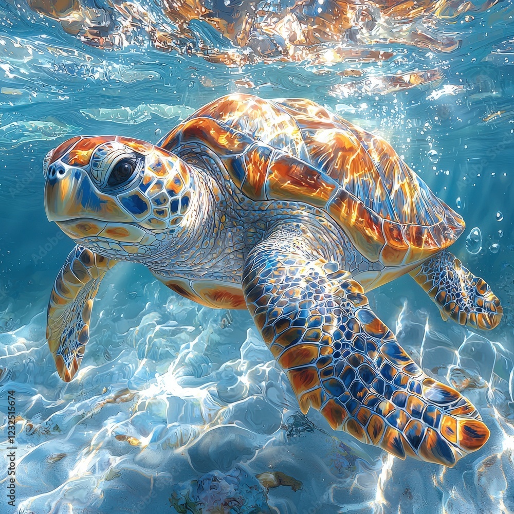 Fototapeta premium Colorful Sea Turtle Swimming Gracefully in Clear Tropical Ocean Water