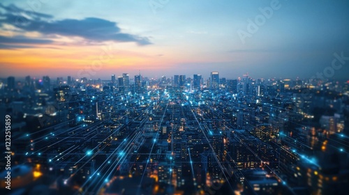 Wallpaper Mural Futuristic Cityscape at Dusk with Digital Connection Network Torontodigital.ca