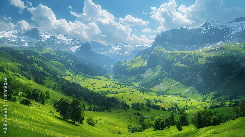 Fototapeta premium The Enchanting Allure of the Lush Green Valleys in the Swiss Alps during Summer