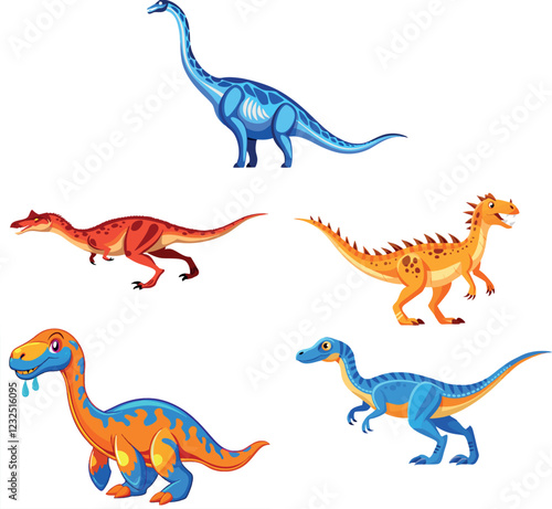 Five colorful cartoon dinosaurs roaming on white background