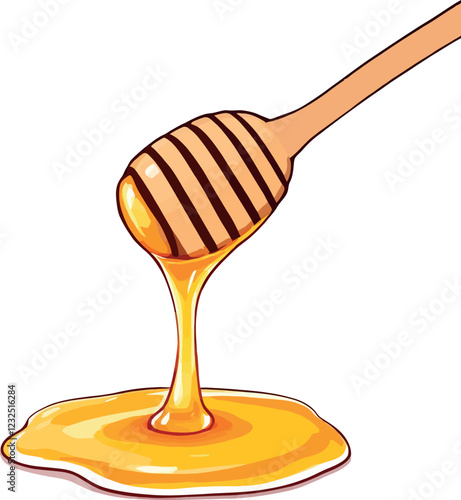 Honey dripping from wooden spoon onto a puddle of honey