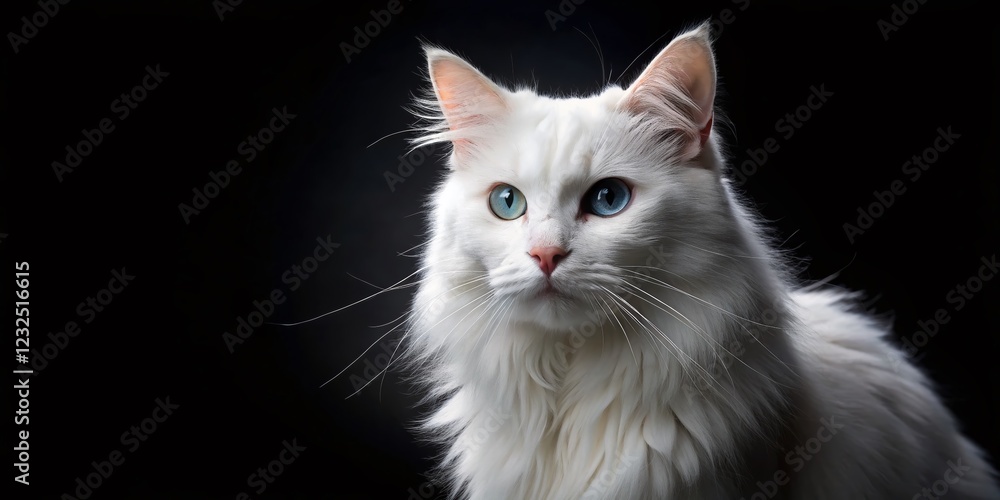 Elegant White Cat on Black Background - Stock Photo Elegant White Cat on Black Background - Stock Photo