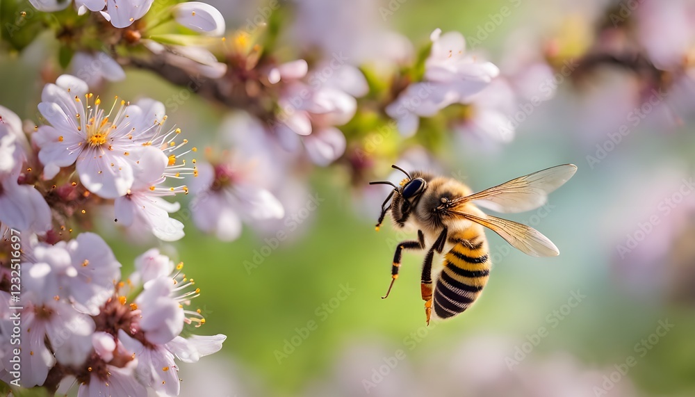 Flying honey bee collecting pollen from tree blossom. Bee in flight over spring background. Flying honey bee collecting pollen from tree blossom. Bee in flight over spring background.