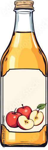 Apple juice or cider in glass bottle with blank label showing whole and cut apples
