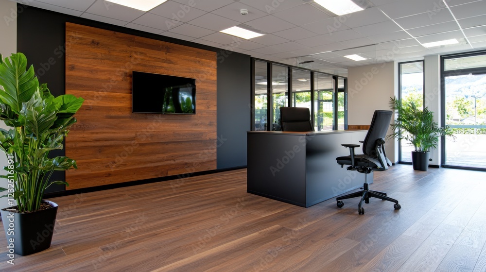 Fototapeta premium Stylish and Contemporary Office Interior Design with Glass Partitions Wooden Furniture and Greenery Touches for a Professional and Organized Workspace