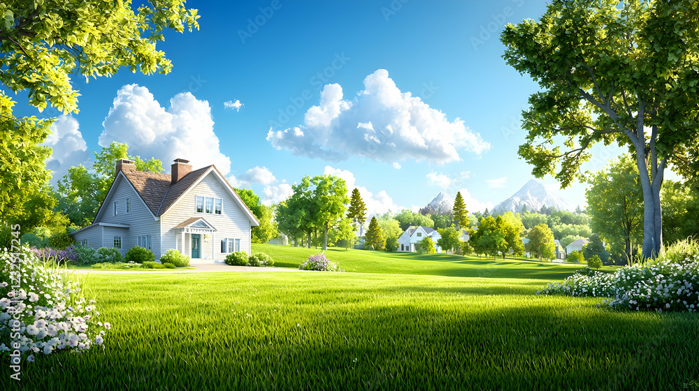 Suburban home, sunny spring day, mountain view, idyllic landscape, real estate Suburban home, sunny spring day, mountain view, idyllic landscape, real estate