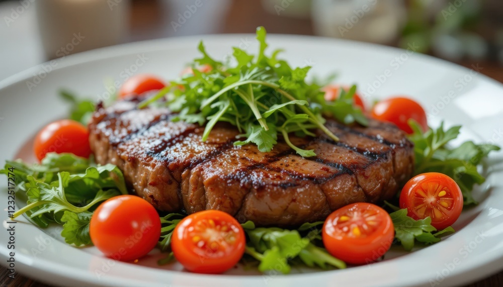 Grilled steak with cherry tomatoes and arugula on a white plate, showcasing a delicious and healthy meal Grilled steak with cherry tomatoes and arugula on a white plate, showcasing a delicious and healthy meal