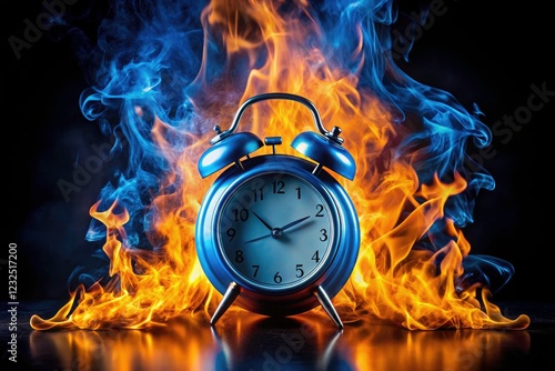 A burning blue alarm clock explodes in a surreal panoramic fire, a striking image against a black background.