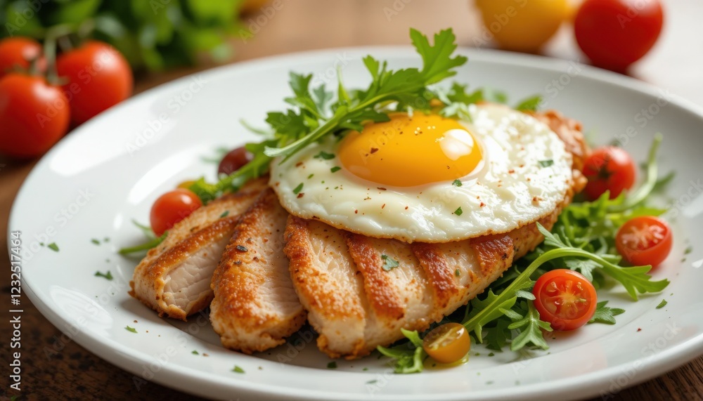 Crispy slices of chicken breast with fried egg, arugula and cherry tomatoes served on a white plate for gourmet and home cooked food lovers Crispy slices of chicken breast with fried egg, arugula and cherry tomatoes served on a white plate for gourmet and home cooked food lovers