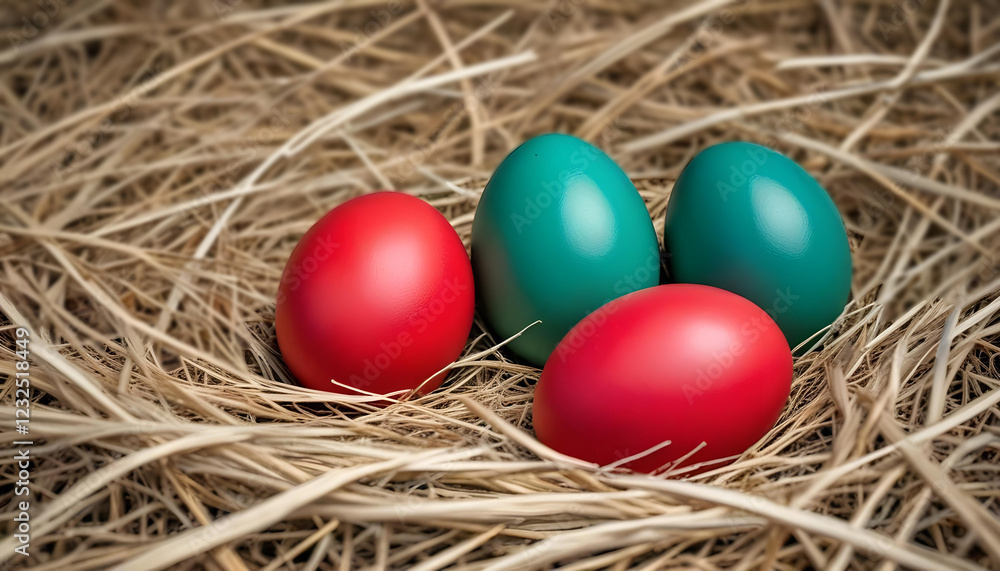 Red and green Easter eggs nestled in soft hay, creating a festive and rustic feel. The vibrant colors of the eggs contrast beautifully with the natural texture of the hay Red and green Easter eggs nestled in soft hay, creating a festive and rustic feel. The vibrant colors of the eggs contrast beautifully with the natural texture of the hay