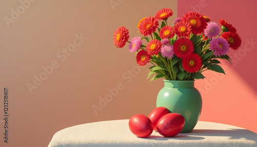 An Easter greeting card design featuring red Easter eggs alongside spring flowers in a vase, elegantly placed on a table. The vibrant red eggs and the fresh blooms create a joyful, festive atmosphere