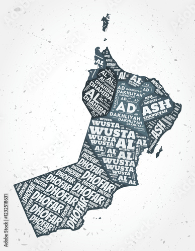 Oman regions word clouds. Country shape on textured background. Oman design in typographic style. Classy vector illustration.