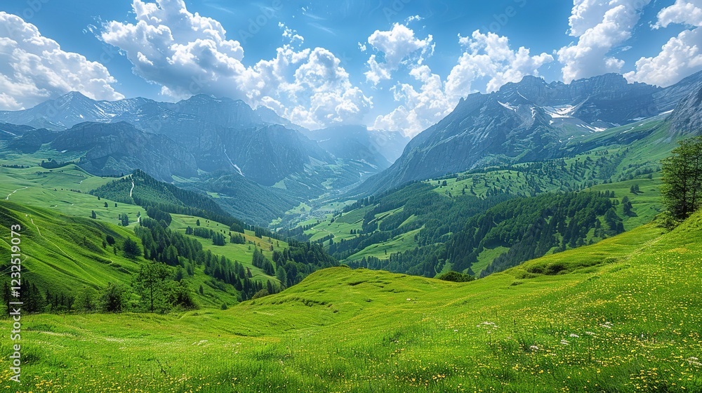Naklejka premium The Enchanting Allure of the Lush Green Valleys in the Swiss Alps during Summer
