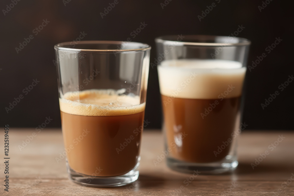Rich coffee drinks in clear glasses, showcasing layers and textures Rich coffee drinks in clear glasses, showcasing layers and textures