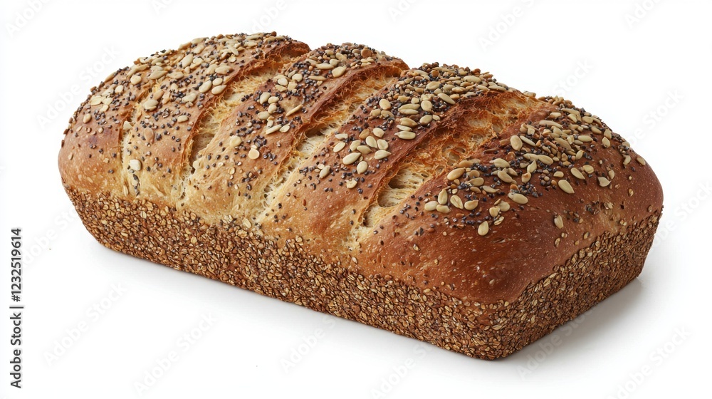 Freshly Baked Loaf of Bread with Seeds on a White Background Freshly Baked Loaf of Bread with Seeds on a White Background