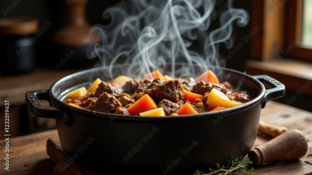 Close-up of a pot with steaming stew or soup cooking on a kitchen counter. Close-up of a pot with steaming stew or soup cooking on a kitchen counter.