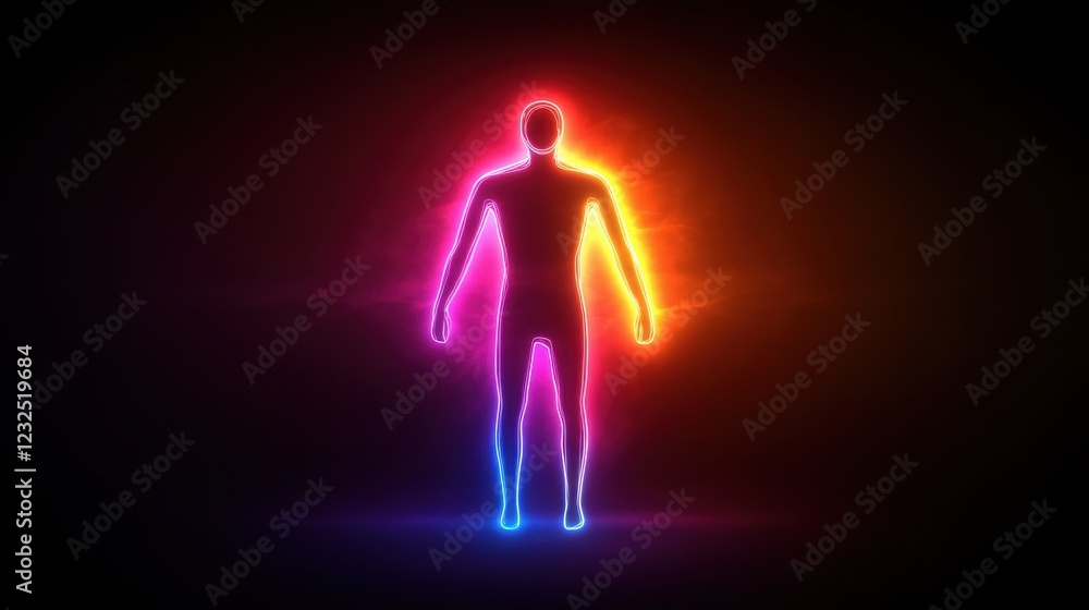 A glowing silhouette of a human figure radiates colorful neon light against a dark background, creating a vibrant and dynamic visual effect. A glowing silhouette of a human figure radiates colorful neon light against a dark background, creating a vibrant and dynamic visual effect.