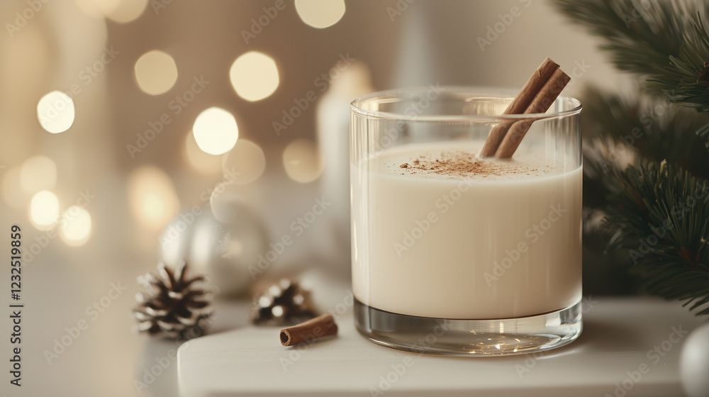 Warm Glass of Eggnog with Cinnamon Stick and Holiday Decor Warm Glass of Eggnog with Cinnamon Stick and Holiday Decor