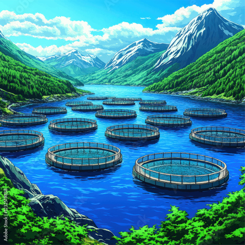 Sustainable Aquaculture in Mountain Lake: Vector Image of Fish Farming Infrastructure with Circular Pens, Pristine Water, Scenic Mountains, and Lush Greenery