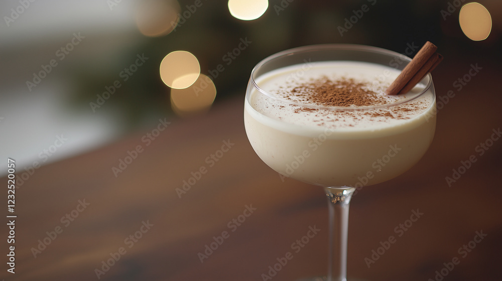 Creamy Eggnog in Glass with Cinnamon Stick on Rustic Table Creamy Eggnog in Glass with Cinnamon Stick on Rustic Table