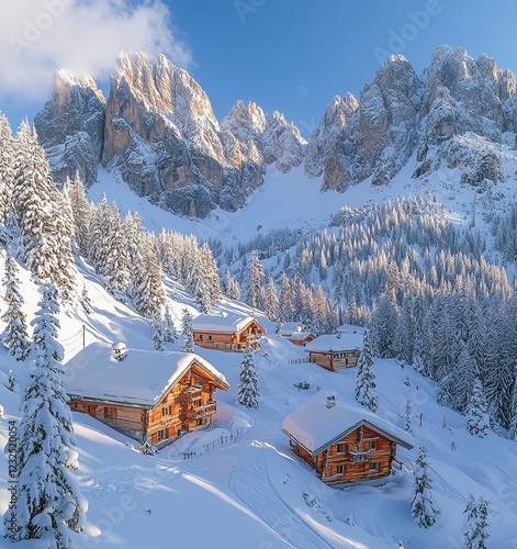 Christmas postcard. A dazzling winter scene of Alpe di Siusi village, with Plattkofel peak rising in the background. Fascinating morning scene of Dolomite Alps. Enchanting winter landscape of Italy, photo