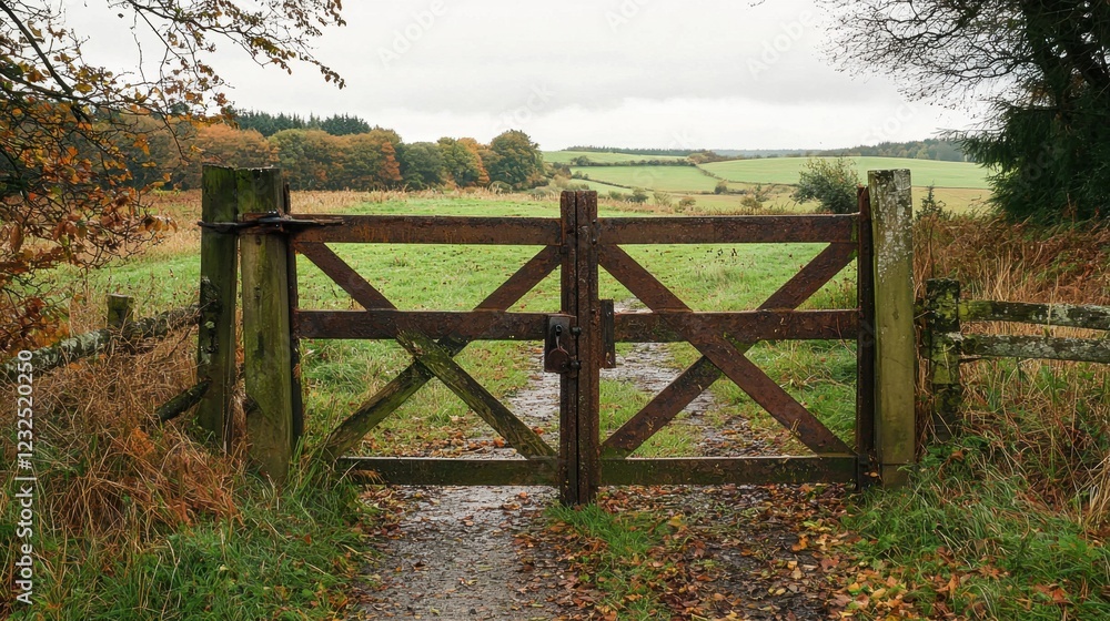 Rustic Wooden Gate on a Serene Countryside Trail in Autumn Rustic Wooden Gate on a Serene Countryside Trail in Autumn