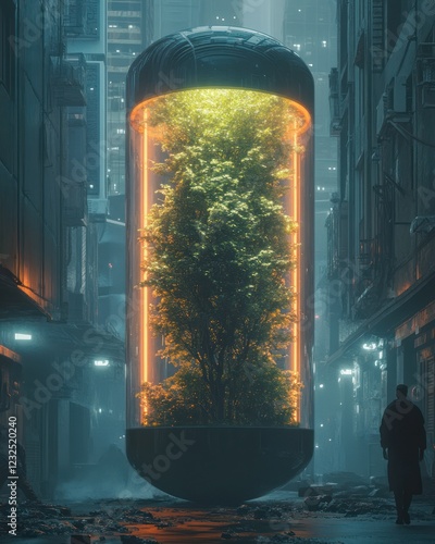 Futuristic city, glowing tree capsule, urban landscape, environmental art photo