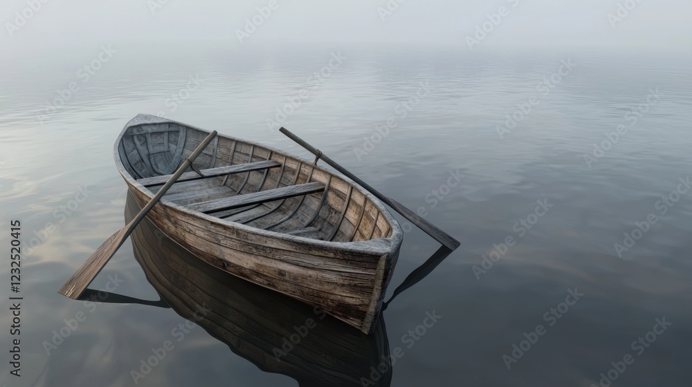 Quiet wooden boat floating on calm water in early morning mist with serene reflections on a peaceful lake Quiet wooden boat floating on calm water in early morning mist with serene reflections on a peaceful lake