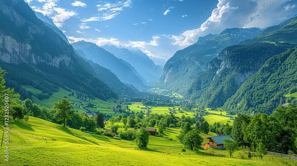Obraz premium The Enchanting Allure of the Lush Green Valleys in the Swiss Alps during Summer