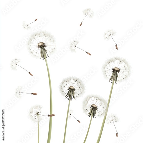 Wallpaper Mural A collection of delicate dandelions with fluffy white seed heads on tall green stems, some seeds gently floating away against a white isolated background. Torontodigital.ca