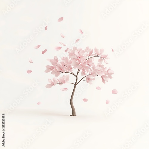 A delicate pink cherry blossom tree stands gracefully against a white isolated background, with soft petals gently falling around it, creating a serene and tranquil atmosphere.