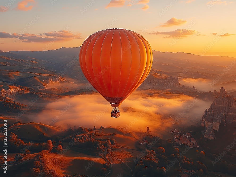 Obraz premium A captivating sunrise view from a hot air balloon over a mountainous landscape