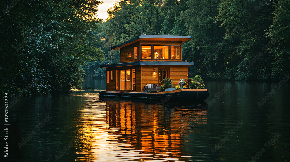 Obraz premium Floating House Amidst Lush Green Trees Reflects on Calm Water at Sunset