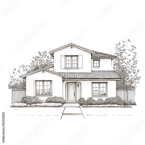 Sketch of a two-story Mediterranean style home exterior photo