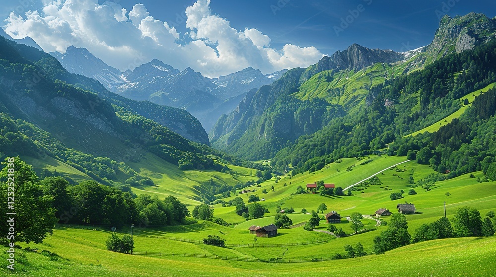 Fototapeta premium The Enchanting Allure of the Lush Green Valleys in the Swiss Alps during Summer