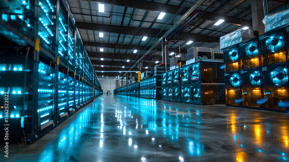 Large Data Center with Multiple Servers, Cryptocurrency Mining Farm, IT Technology and Financial Investment Large Data Center with Multiple Servers, Cryptocurrency Mining Farm, IT Technology and Financial Investment