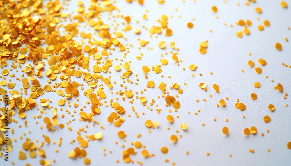 Golden confetti sprinkled across a crisp white surface, capturing the shimmering essence of celebration and holiday joy in a flat-lay view. Golden confetti sprinkled across a crisp white surface, capturing the shimmering essence of celebration and holiday joy in a flat-lay view.