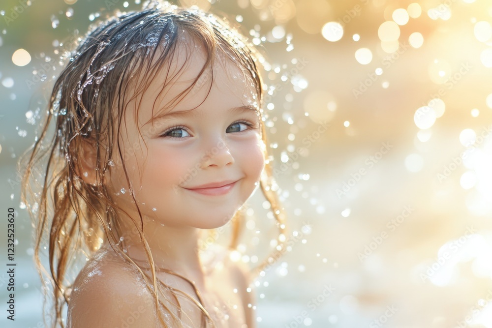 Smiling child enjoys playful moments in shimmering water during a sunny afternoon Smiling child enjoys playful moments in shimmering water during a sunny afternoon