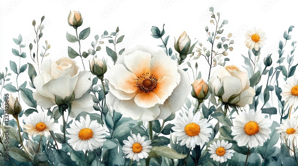 Obraz premium Charming watercolor painting of roses and daisies with a minimalist feel. Generative AI