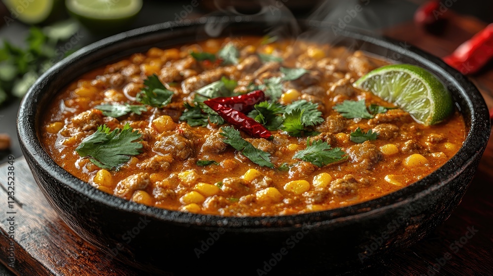 A steaming bowl of savory stew with corn, herbs, and lime, set on a rustic wooden table A steaming bowl of savory stew with corn, herbs, and lime, set on a rustic wooden table