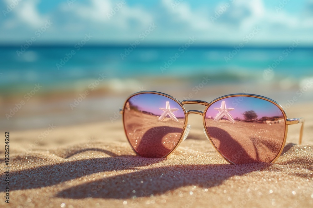 Sunglasses on sandy beach reflect sky and ocean at a tropical destination during midday Sunglasses on sandy beach reflect sky and ocean at a tropical destination during midday