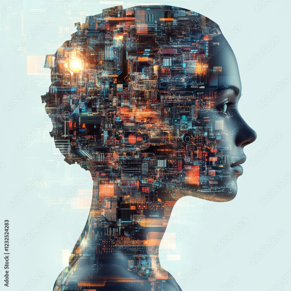 Futuristic human profile with digital circuit and technology elements Futuristic human profile with digital circuit and technology elements