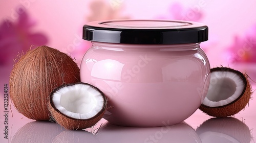 Pink coconut cream jar, floral background, beauty product photo