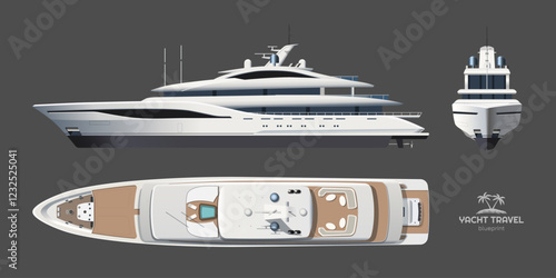 Isolated yacht drawing. Side, front and top views of private ship. Luxury boat 3d blueprint. Cruise motorboat industrial art. Ocean sail