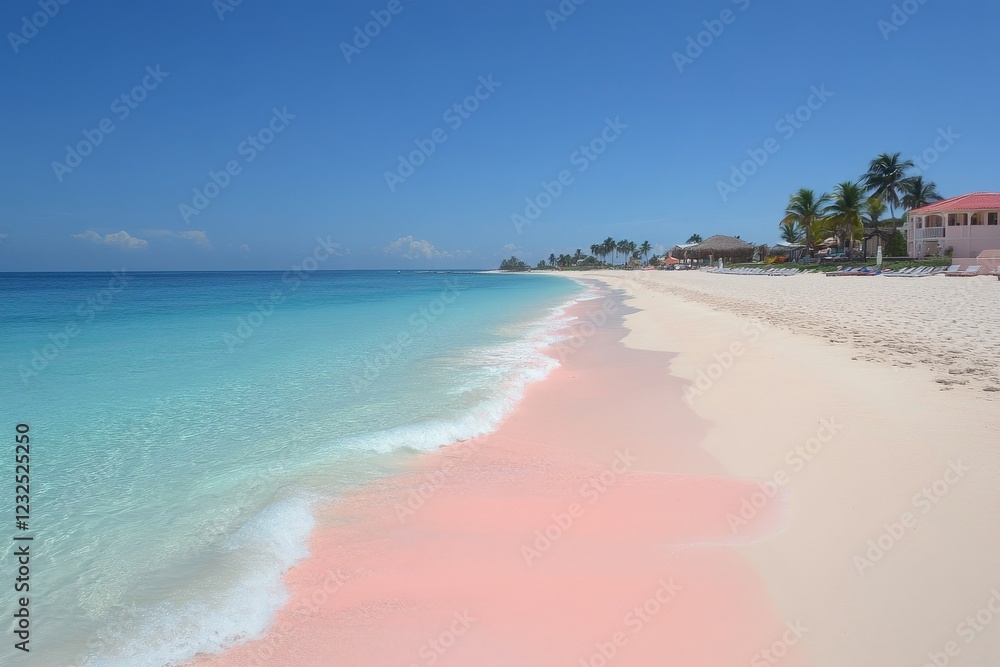 Pristine pink sand beach under clear blue skies at a tropical paradise Pristine pink sand beach under clear blue skies at a tropical paradise