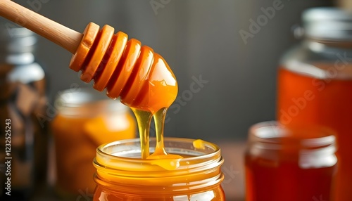 a honey dip being poured into a jar of honey