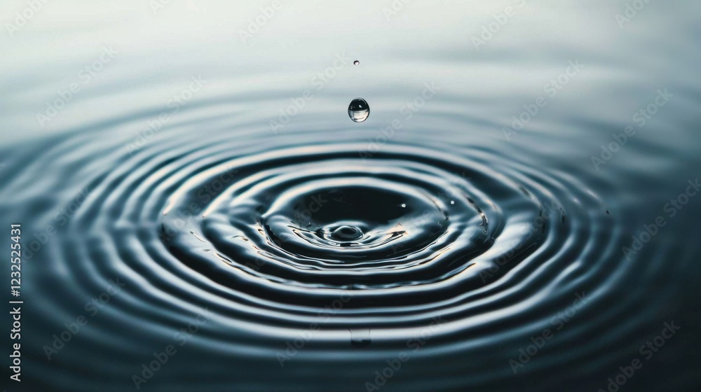 Water drop falling to liquid surface and creating splashes and ripple. Transparent droplet suspended above calm surface. Fluid dynamics and serene simplicity Water drop falling to liquid surface and creating splashes and ripple. Transparent droplet suspended above calm surface. Fluid dynamics and serene simplicity