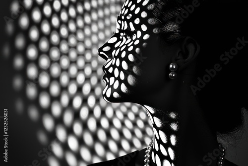 Dramatic black and white portraits featuring creative shadow patterns on a woman’s face, highlighting elegance, beauty, and contrast.