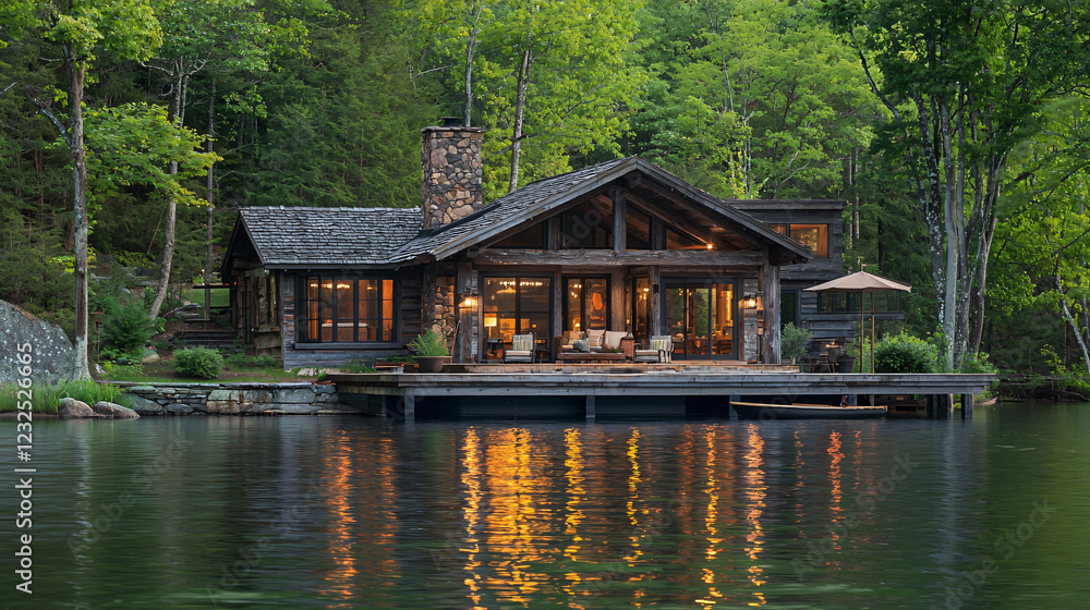 Rustic Lakeside Cabin Retreat in a Serene Forest Setting with Warm Interior Lights Rustic Lakeside Cabin Retreat in a Serene Forest Setting with Warm Interior Lights